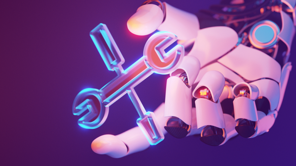 A robot hand holding a wrench, representing AI as a tool that requires human expertise to be used effectively.
